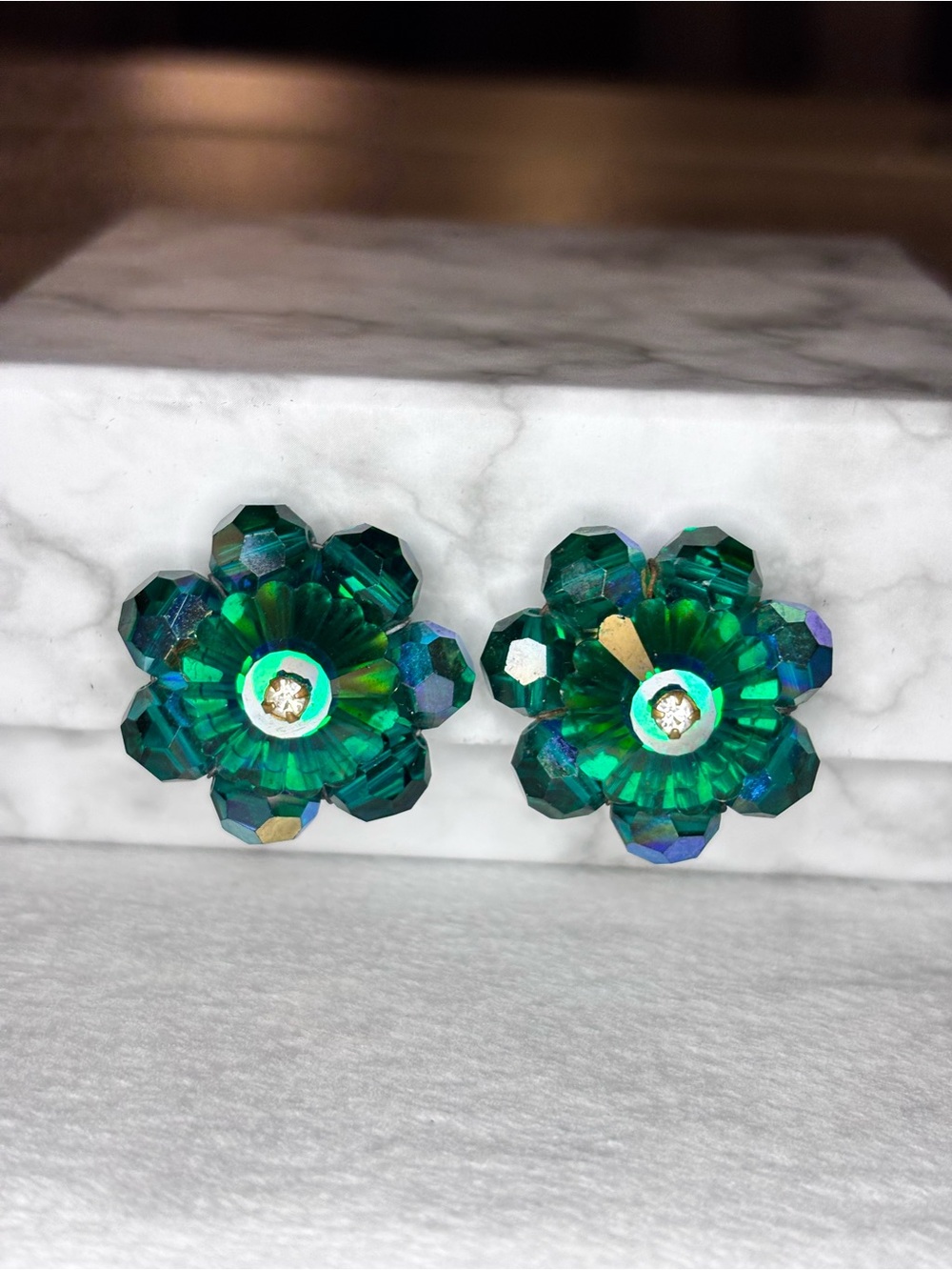 Vintage Emerald Green Swarovski Crystal AB Flower Clip Earrings MCM